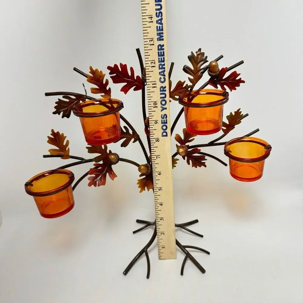 Metal Tree Votives Candle Holder With Orange Glass And Acorn Details